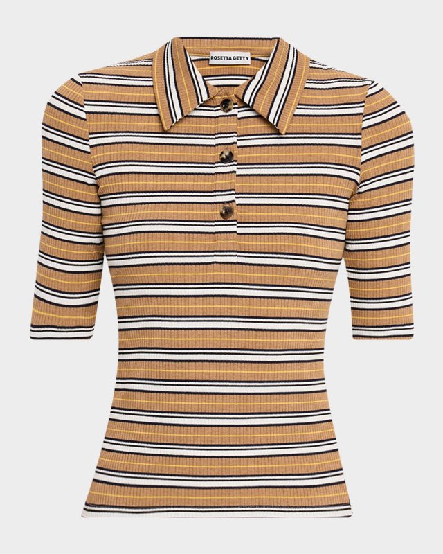 Stripe Cotton Rib Short-Sleeve Polo Shirt